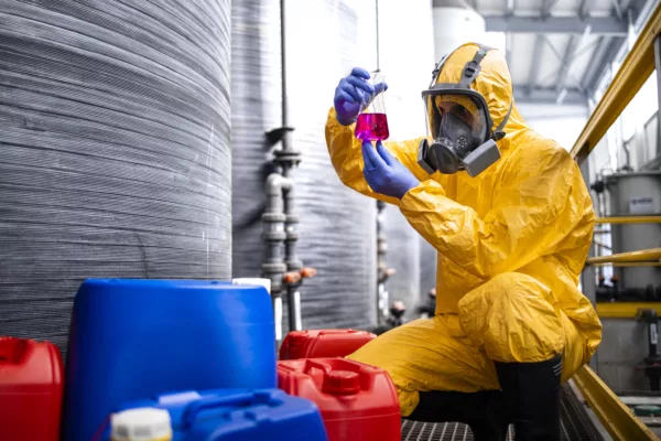 Chemical factory worker wearing protection suit and gas mask testing quality of chemicals. In background storage tanks for acid and industrial interior.